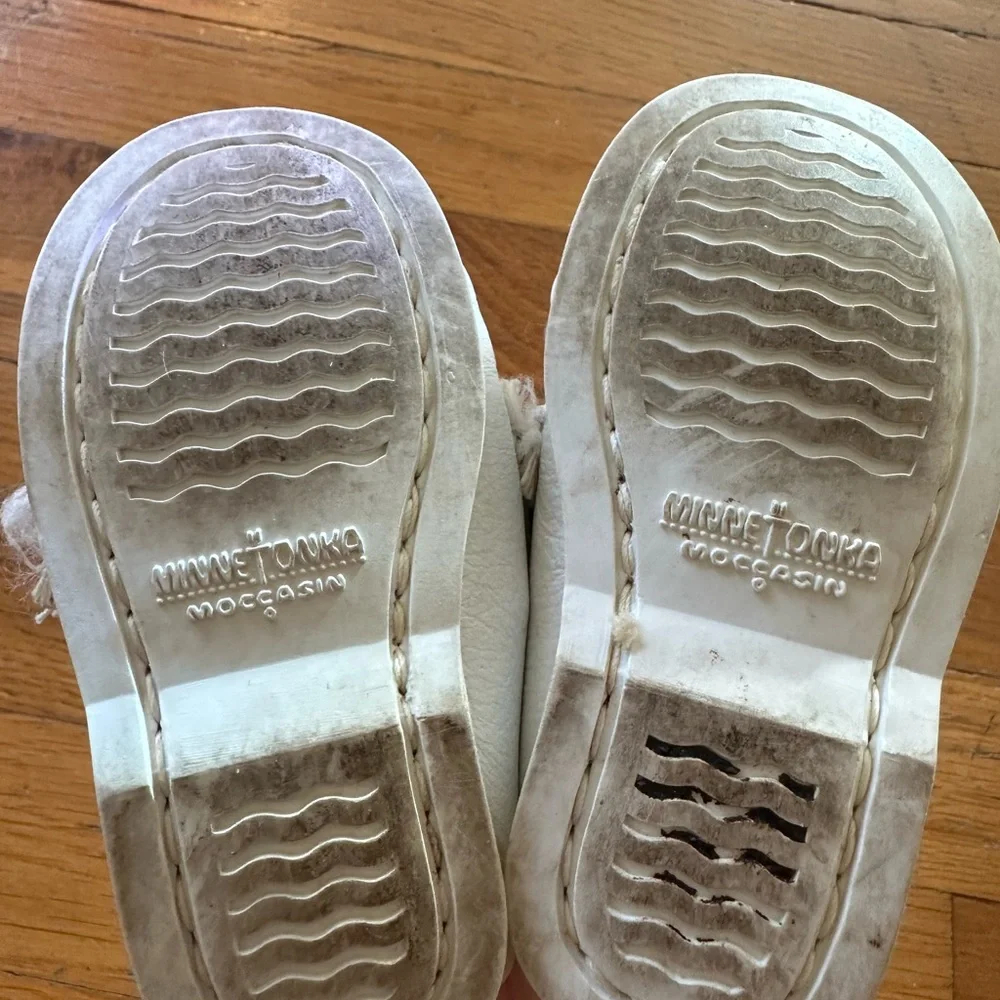 Teeny Tiny Minnetonka White Moccasins with Red & Black Beading